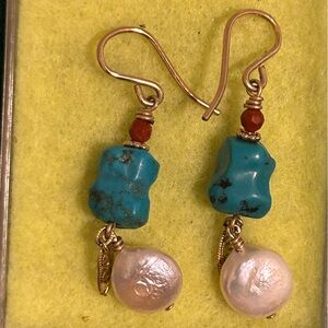 Akoya Pearl drop Earrings with turquoise and red coral accent beads